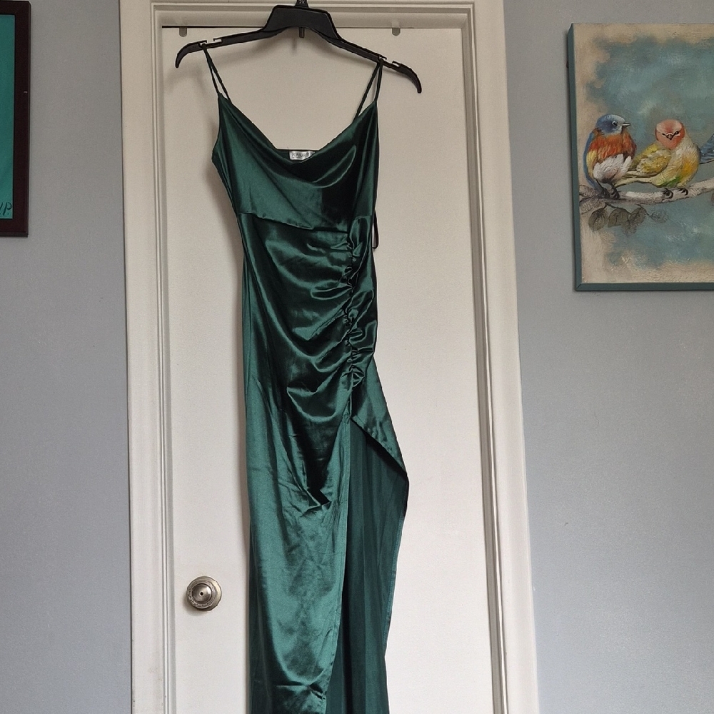 Emerald Green Satin Cowl Neck Maxi Dress with Side Ruching